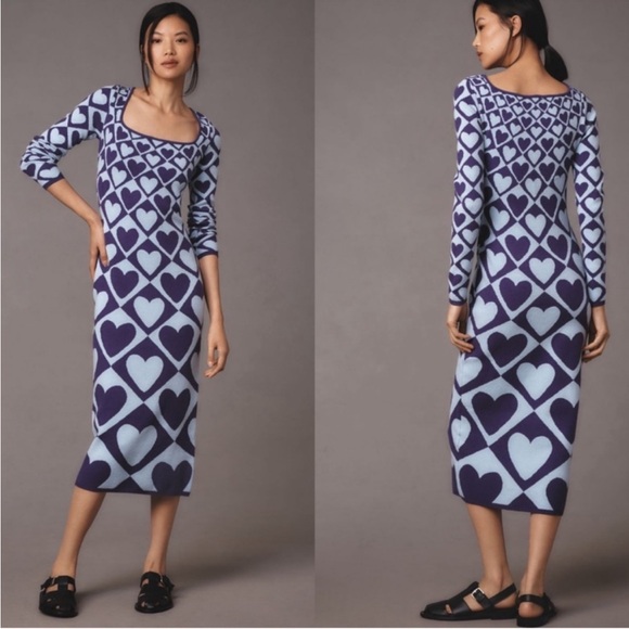 FARM Rio Dresses & Skirts - NWT FARM Rio x Anthropologie Geo Heart Knit Long Sleeve Midi Sweater Dress Sz L